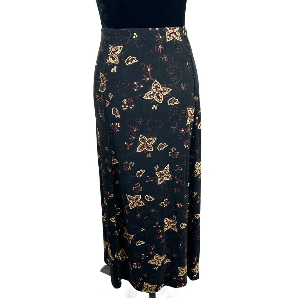 Christopher & Banks Womens Top Skirt Set Large Black Metallic Floral Travel Knit_13
